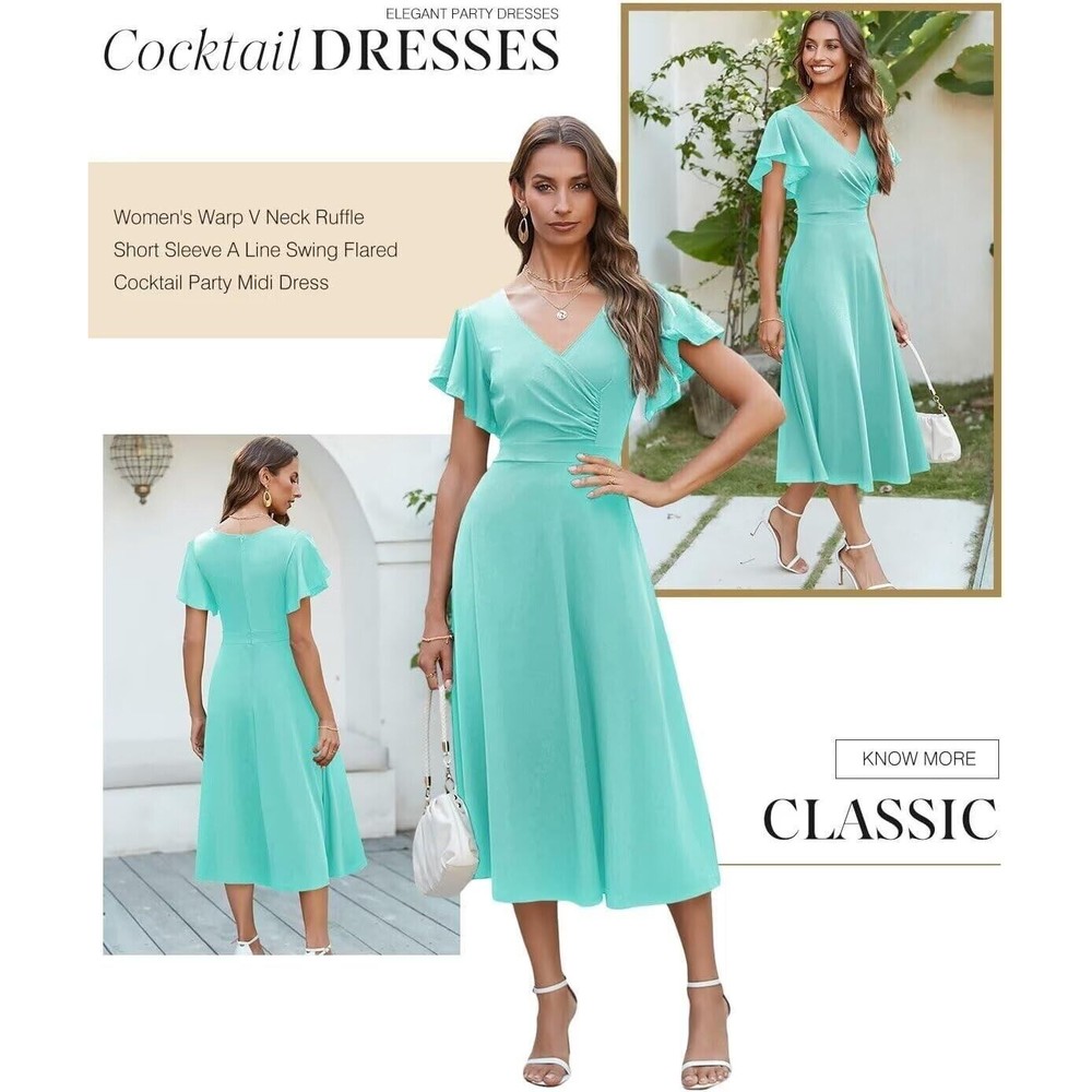 Women's Elegant Party Dress Size Small Short Sleeve Skater Dress Wedding Aqua D6